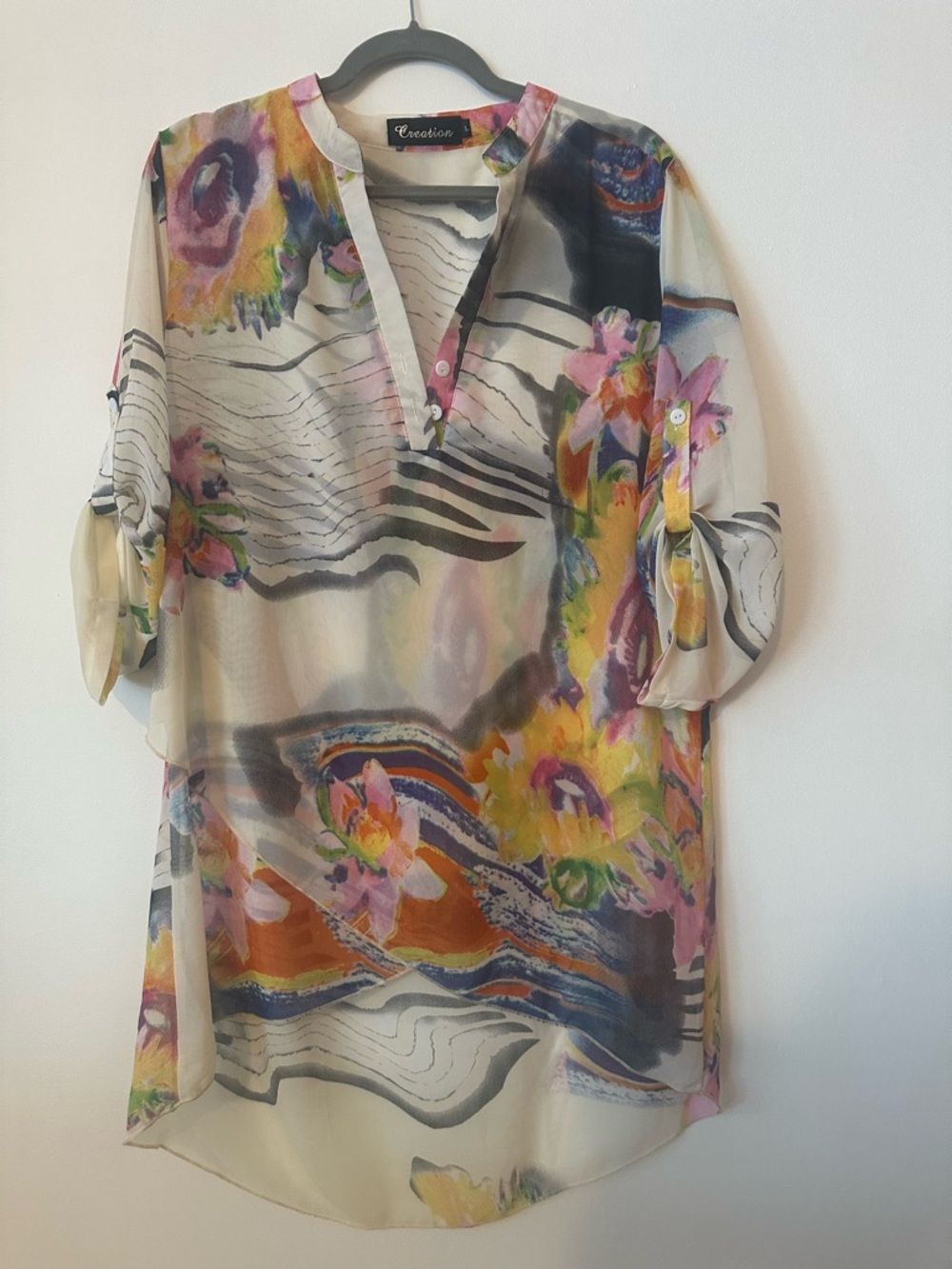 Creation Sheer Floral-Print Tunic Top in Cream and Multicolor